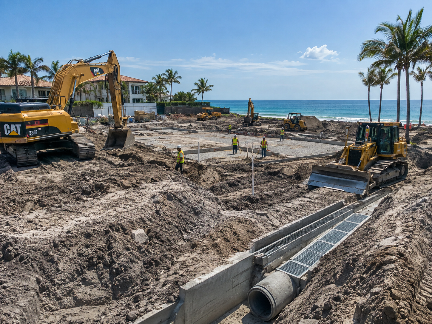 Heavy construction machinery grading earth on site